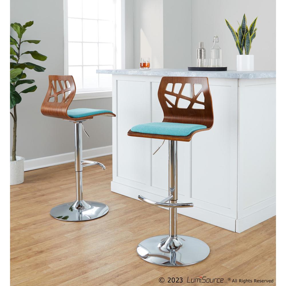 Chrome Metal, Walnut Wood, Teal Fabric Folia Adjustable Barstool - Set of 2. Picture 8