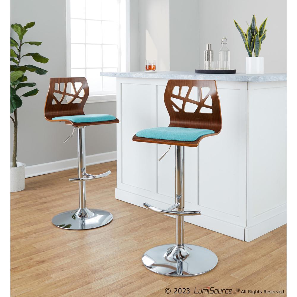 Chrome Metal, Walnut Wood, Teal Fabric Folia Adjustable Barstool - Set of 2. Picture 9