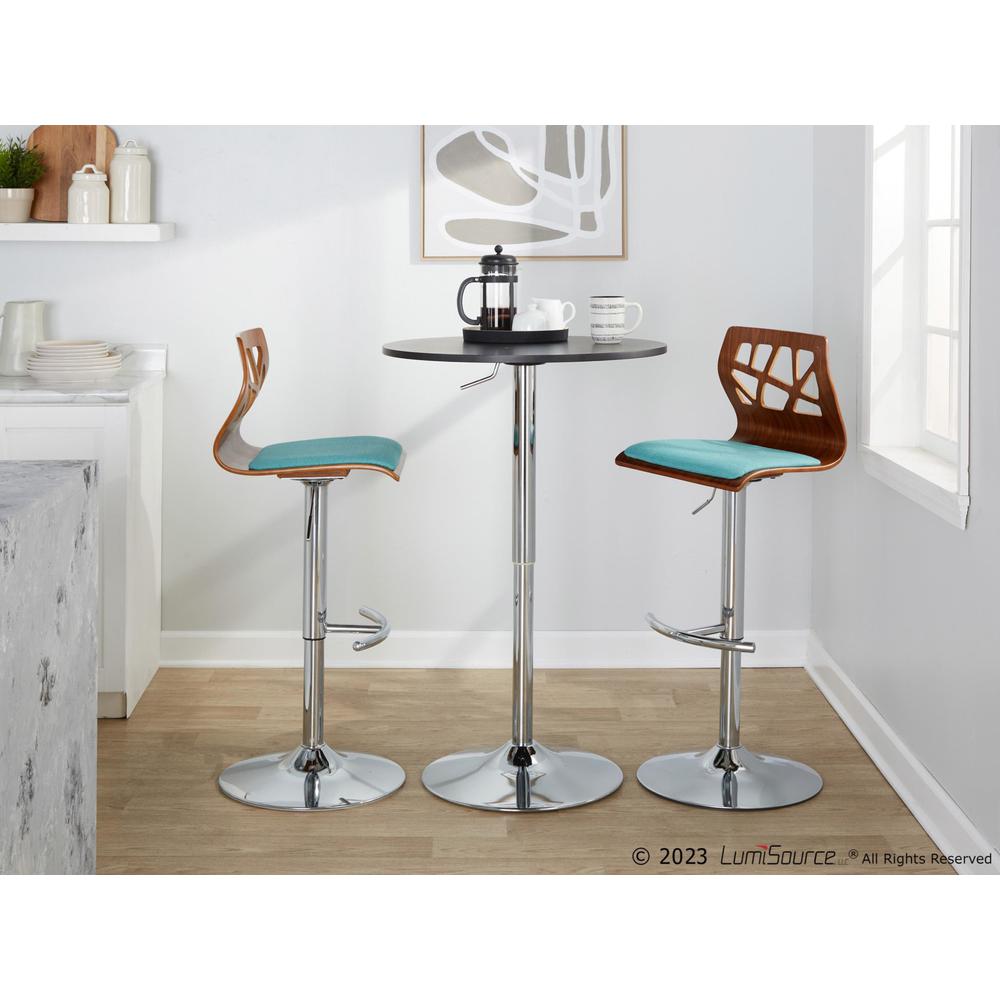 Chrome Metal, Walnut Wood, Teal Fabric Folia Adjustable Barstool - Set of 2. Picture 10