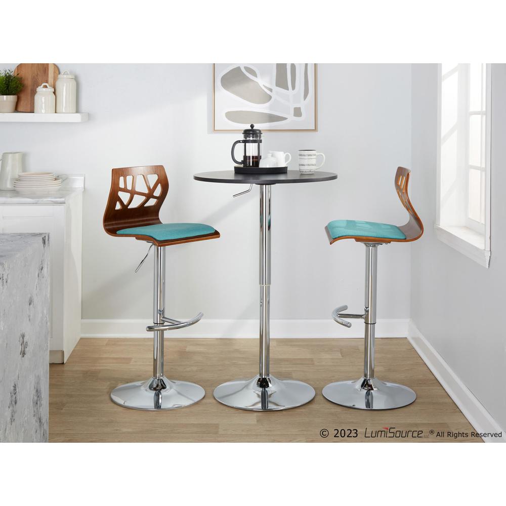 Chrome Metal, Walnut Wood, Teal Fabric Folia Adjustable Barstool - Set of 2. Picture 11