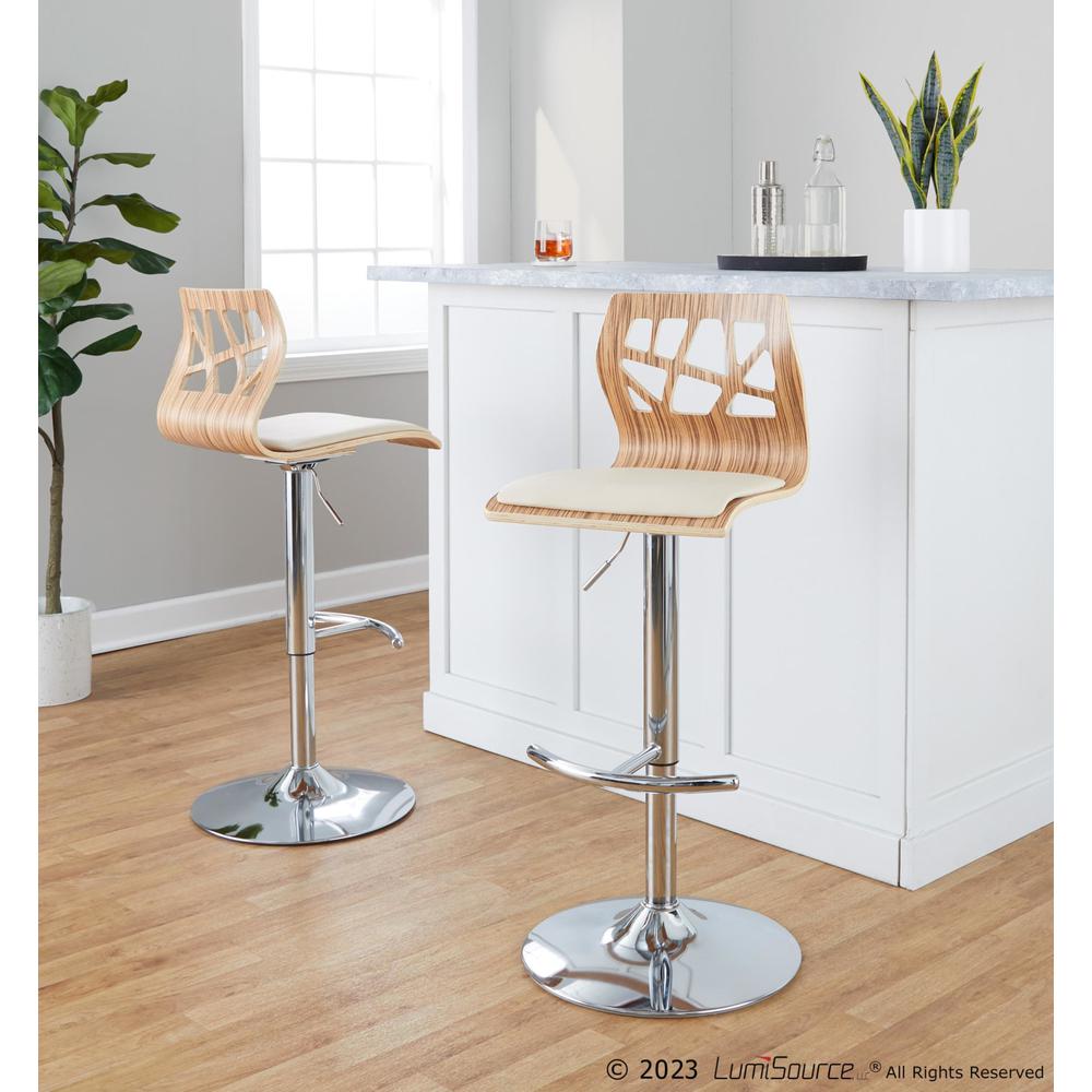 Chrome Metal, Zebra Wood, Cream PU Folia Adjustable Barstool - Set of 2. Picture 8