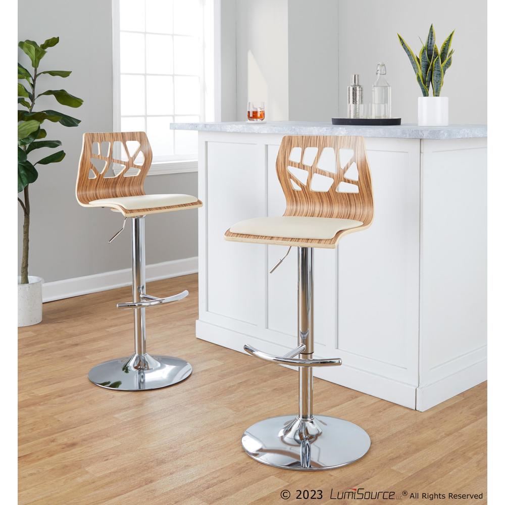 Chrome Metal, Zebra Wood, Cream PU Folia Adjustable Barstool - Set of 2. Picture 9
