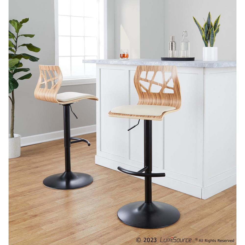 Black Metal, Zebra Wood, Cream PU Folia Adjustable Barstool - Set of 2. Picture 8