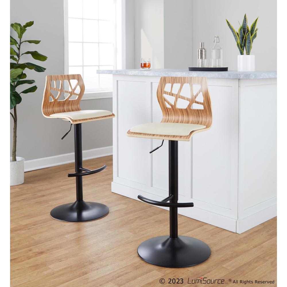 Black Metal, Zebra Wood, Cream PU Folia Adjustable Barstool - Set of 2. Picture 9
