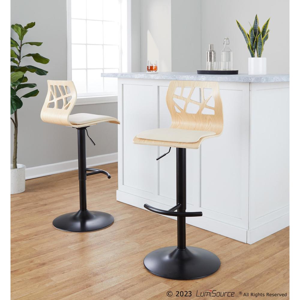 Black Metal, Natural Wood, Cream PU Folia Adjustable Barstool - Set of 2. Picture 8