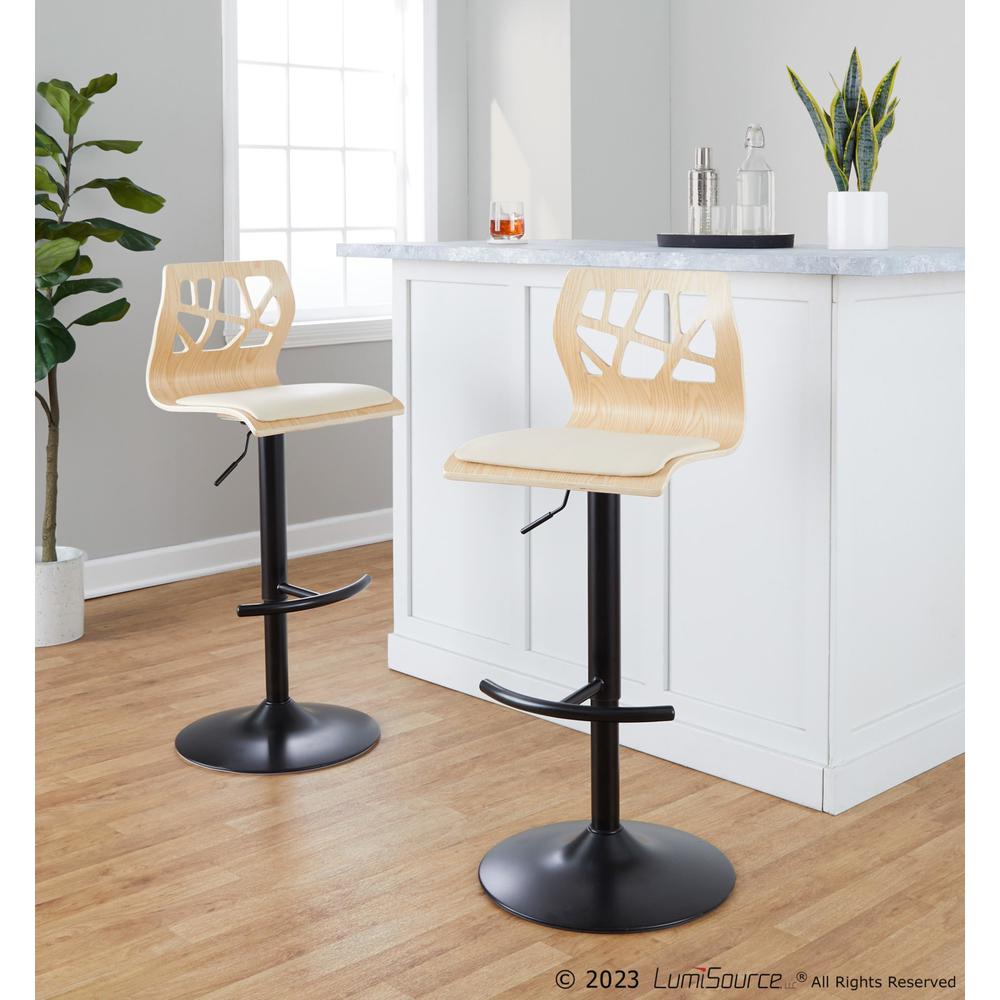 Black Metal, Natural Wood, Cream PU Folia Adjustable Barstool - Set of 2. Picture 9