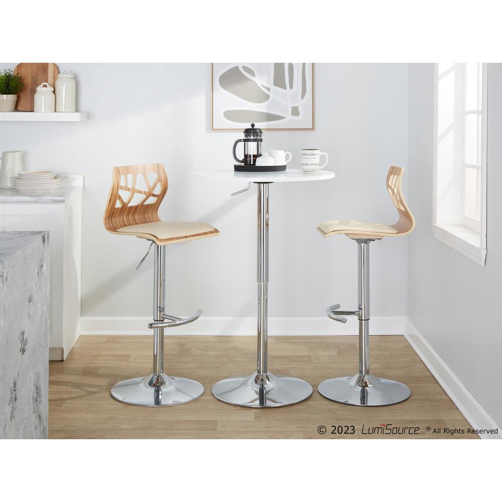 Chrome Metal, Zebra Wood, Cream PU Folia Adjustable Barstool - Set of 2. Picture 10