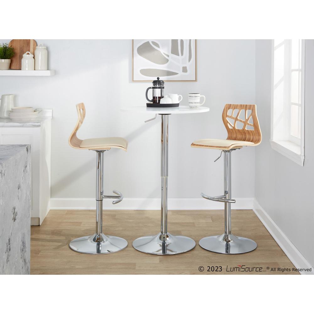 Chrome Metal, Zebra Wood, Cream PU Folia Adjustable Barstool - Set of 2. Picture 11