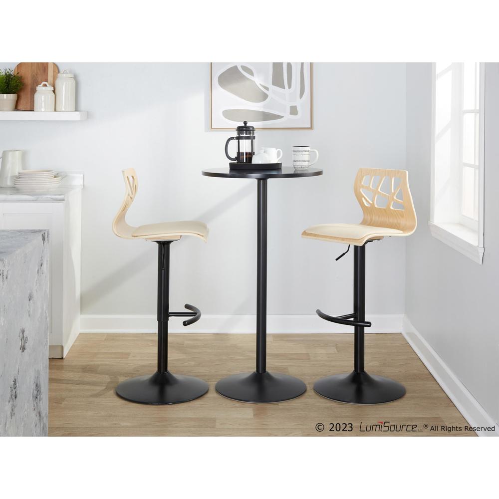 Black Metal, Natural Wood, Cream PU Folia Adjustable Barstool - Set of 2. Picture 10