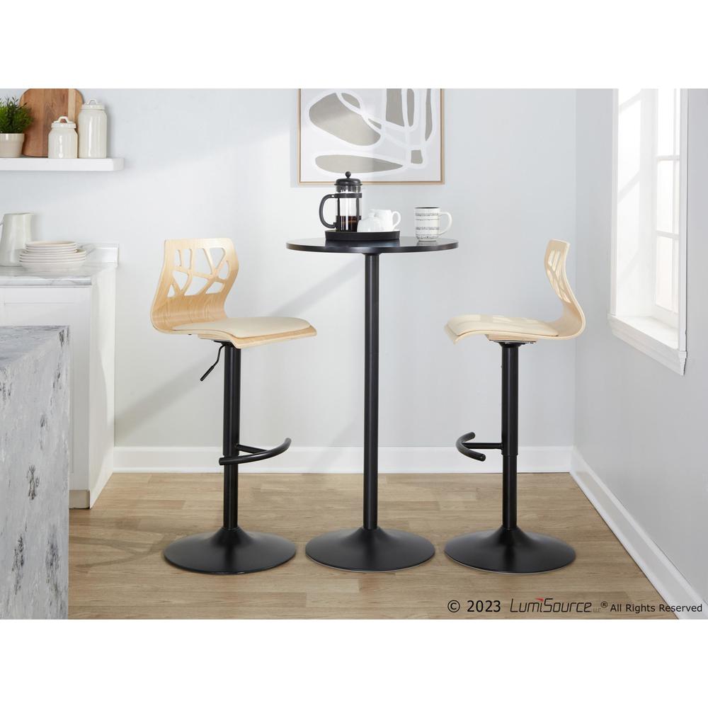 Black Metal, Natural Wood, Cream PU Folia Adjustable Barstool - Set of 2. Picture 11