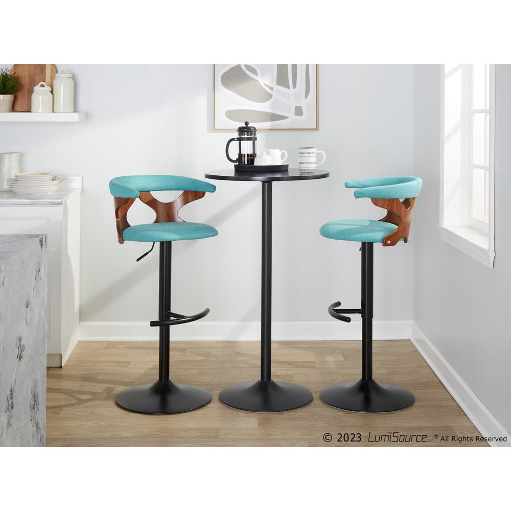 Black Metal, Walnut Wood, Teal Fabric Gardenia Adjustable Barstool - Set of 2. Picture 7