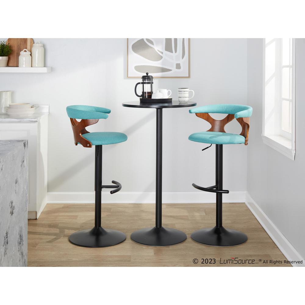 Black Metal, Walnut Wood, Teal Fabric Gardenia Adjustable Barstool - Set of 2. Picture 8