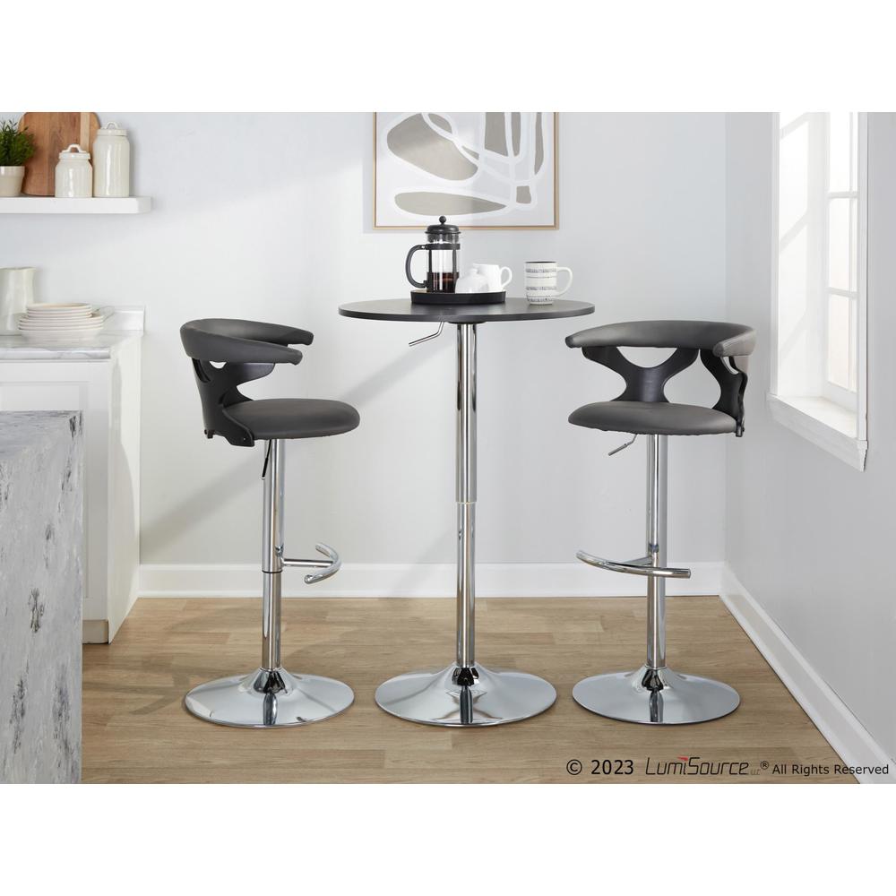 Black Wood, Chrome Metal, Grey PU Gardenia Adjustable Barstool - Set of 2. Picture 7
