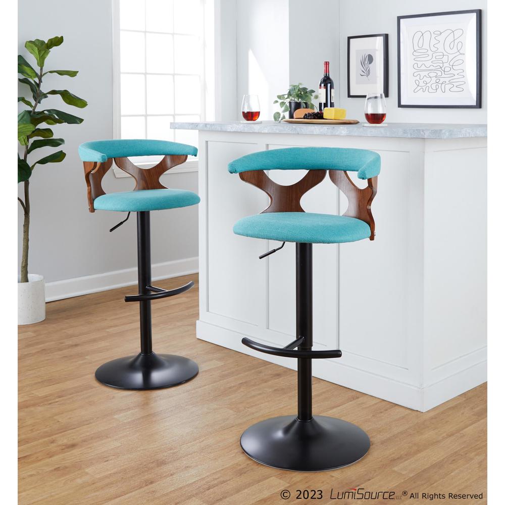 Black Metal, Walnut Wood, Teal Fabric Gardenia Adjustable Barstool - Set of 2. Picture 9