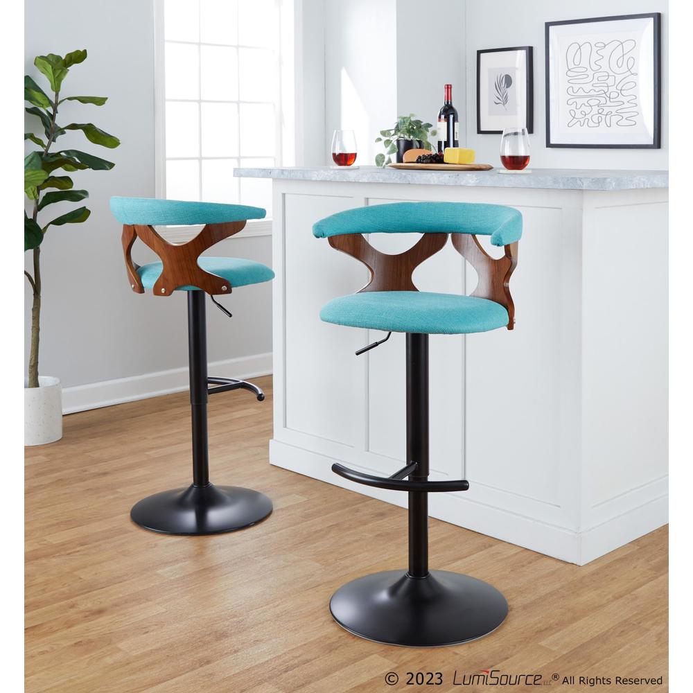 Black Metal, Walnut Wood, Teal Fabric Gardenia Adjustable Barstool - Set of 2. Picture 10