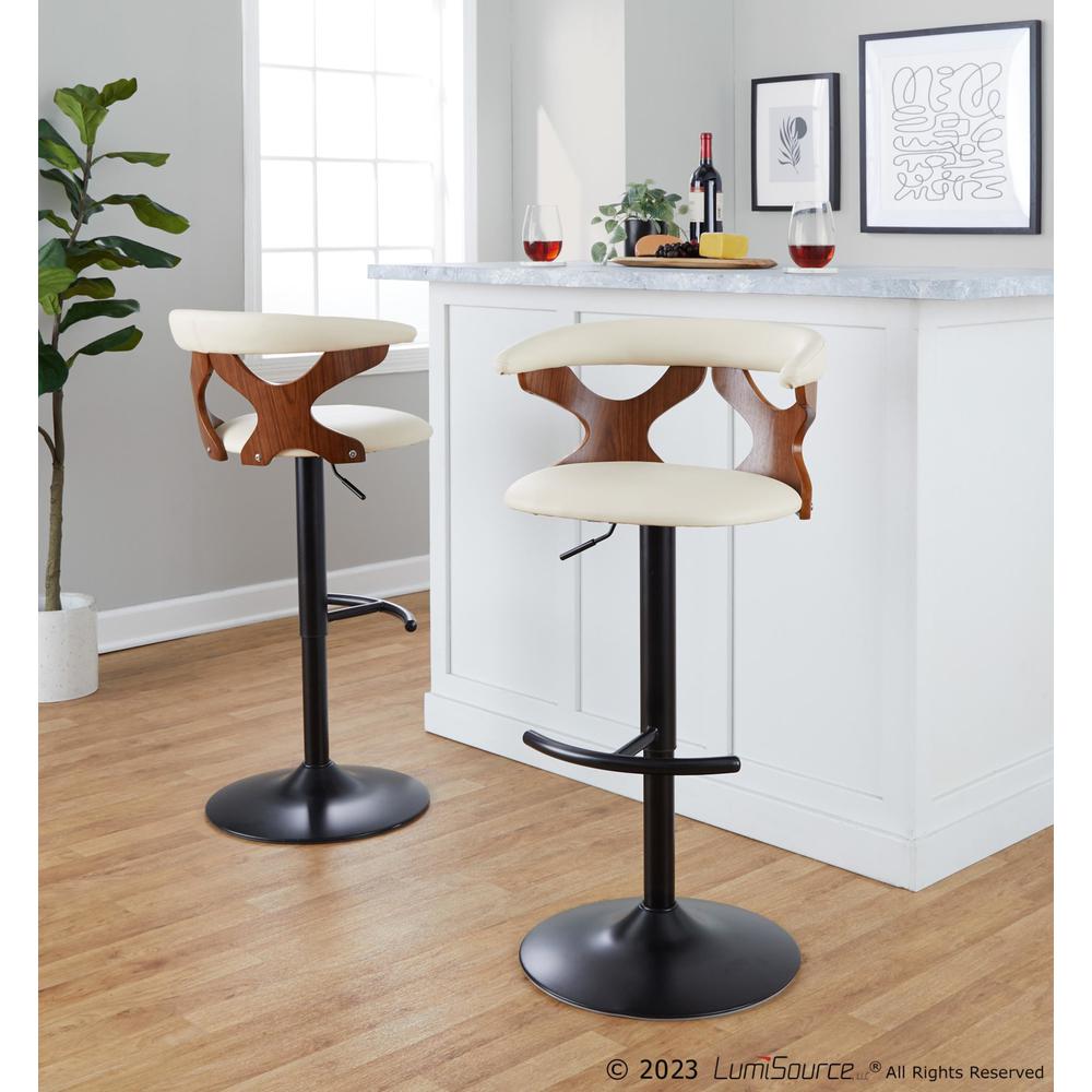 Black Metal, Walnut Wood, Cream PU Gardenia Adjustable Barstool - Set of 2. Picture 9