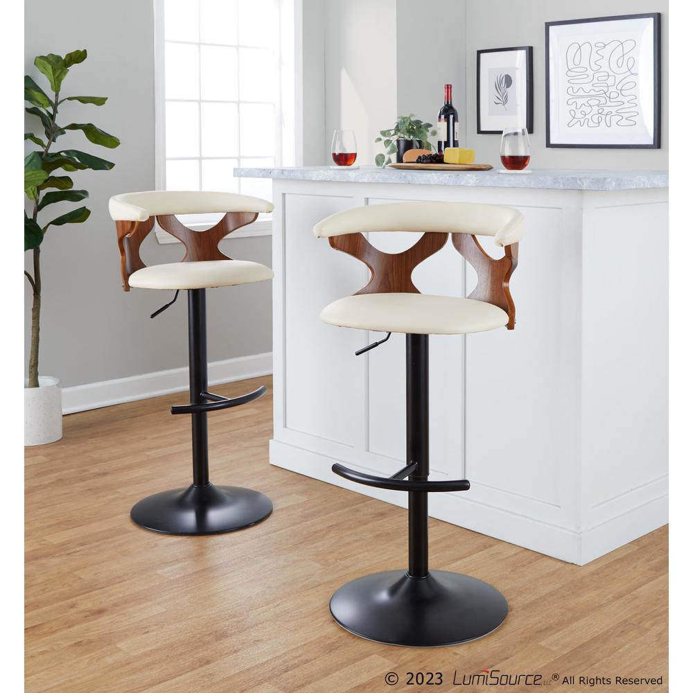 Black Metal, Walnut Wood, Cream PU Gardenia Adjustable Barstool - Set of 2. Picture 10