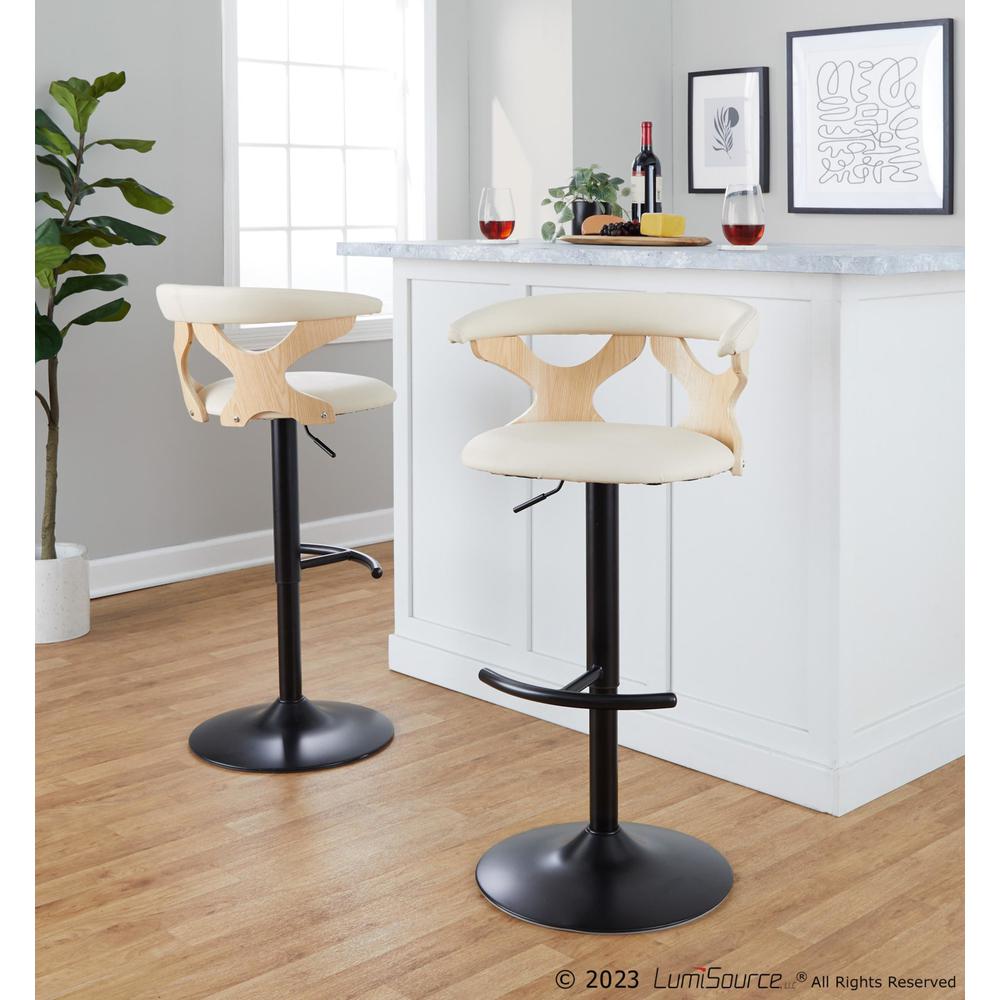 Black Metal, Natural Wood, Cream PU Gardenia Adjustable Barstool - Set of 2. Picture 9