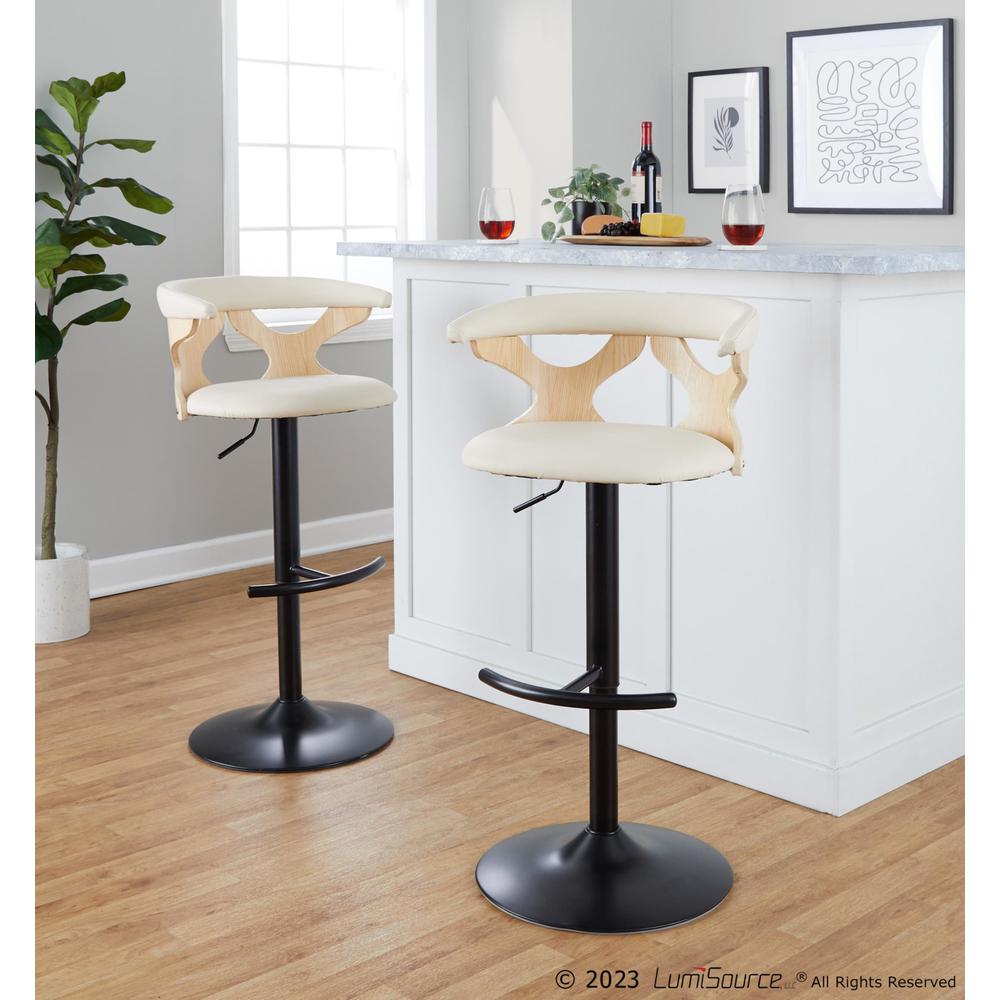 Black Metal, Natural Wood, Cream PU Gardenia Adjustable Barstool - Set of 2. Picture 10