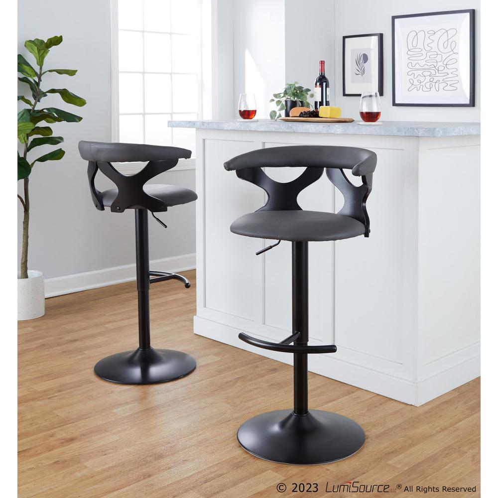 Black Wood, Black Metal, Grey PU Gardenia Adjustable Barstool - Set of 2. Picture 9
