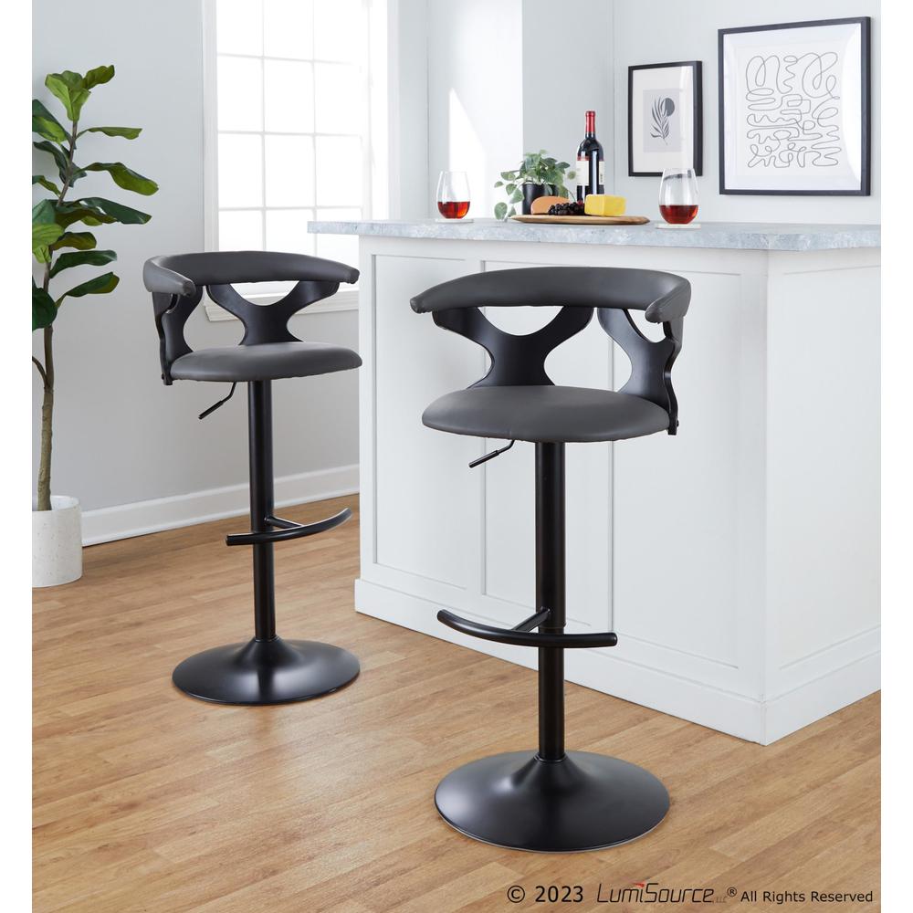 Black Wood, Black Metal, Grey PU Gardenia Adjustable Barstool - Set of 2. Picture 10