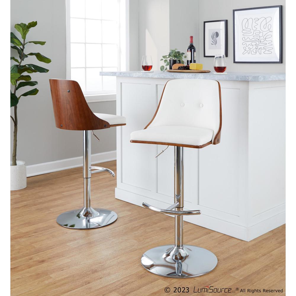 Chrome Metal, Walnut Wood, White PU Gianna Adjustable Barstool - Set of 2. Picture 7