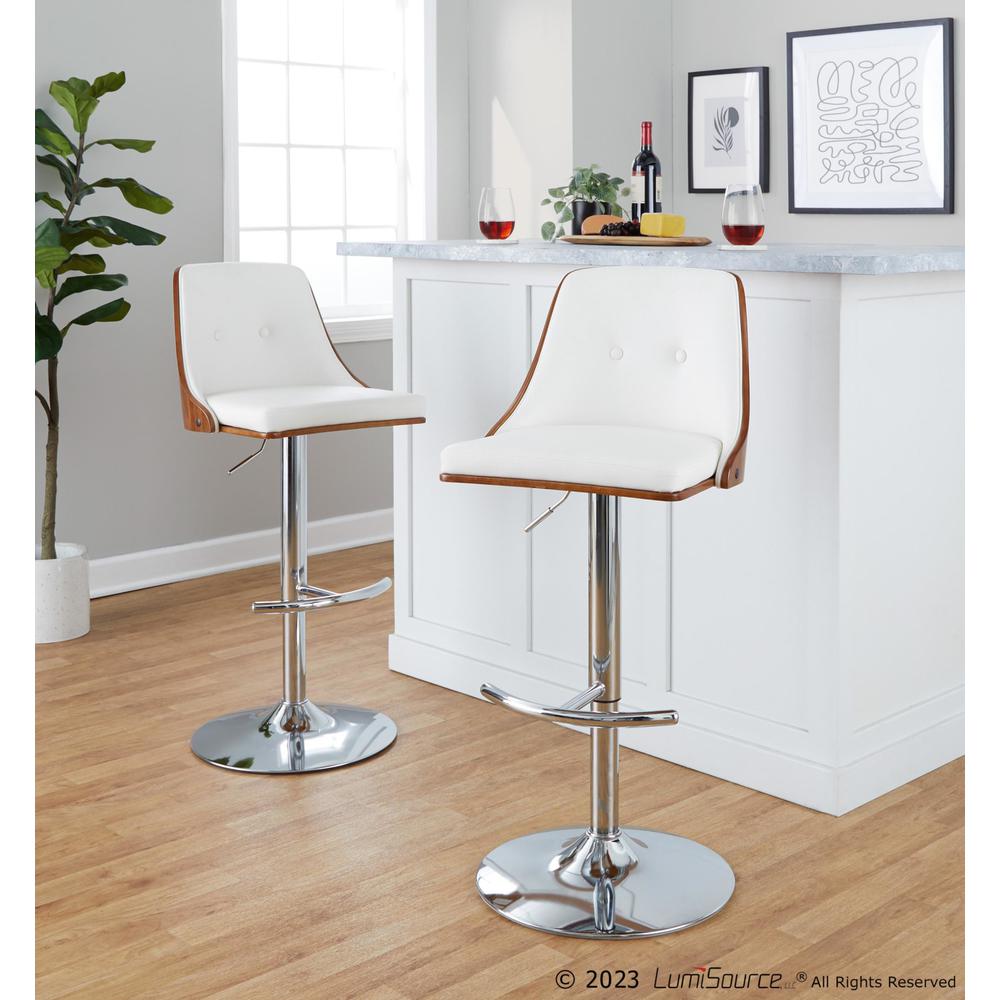 Chrome Metal, Walnut Wood, White PU Gianna Adjustable Barstool - Set of 2. Picture 8