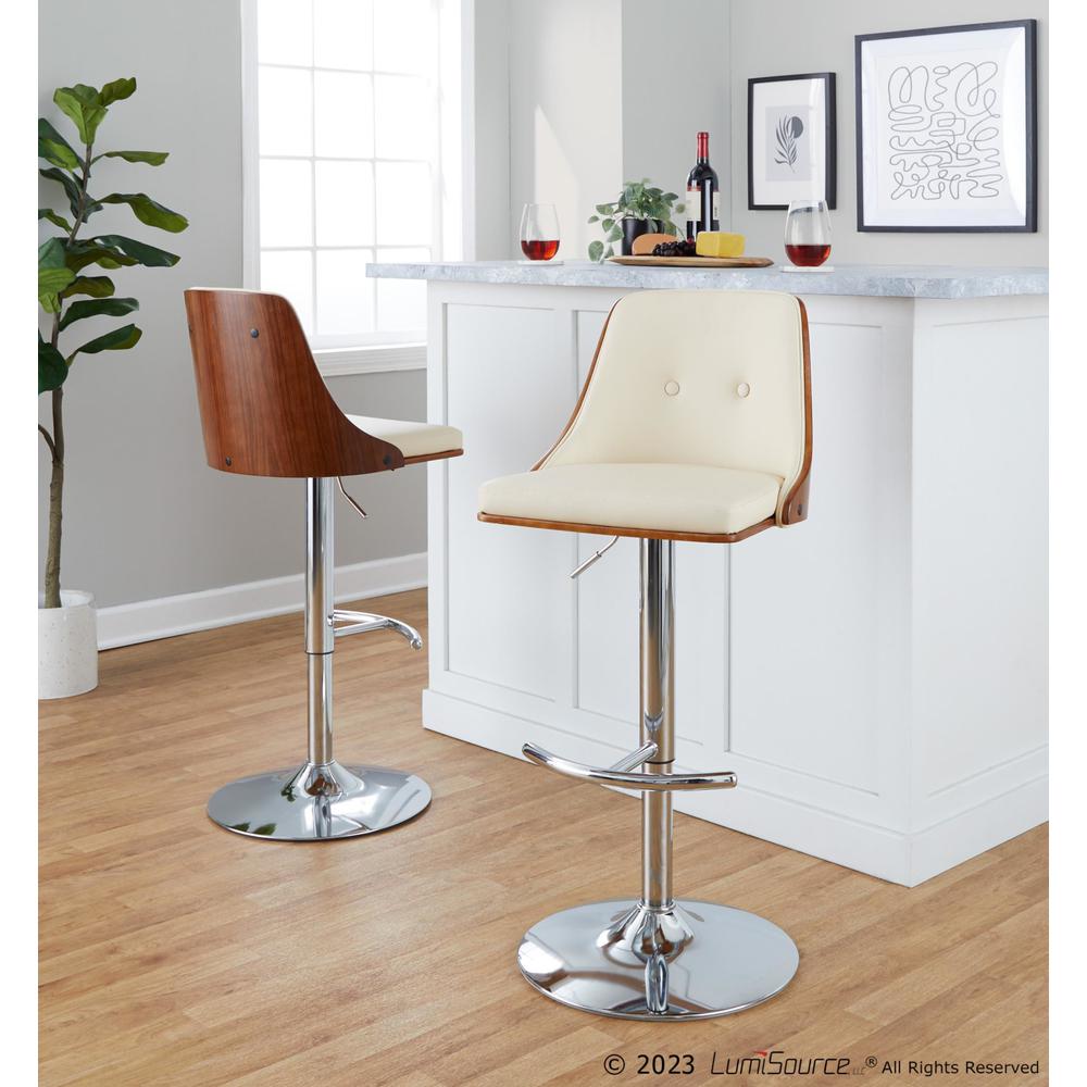 Chrome Metal, Walnut Wood, Cream PU Gianna Adjustable Barstool - Set of 2. Picture 7