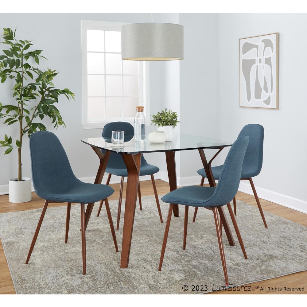 Walnut Wood, Clear Glass, Grey Fabric Folia Square Pebble Dining Set - 5 Piece. Picture 3