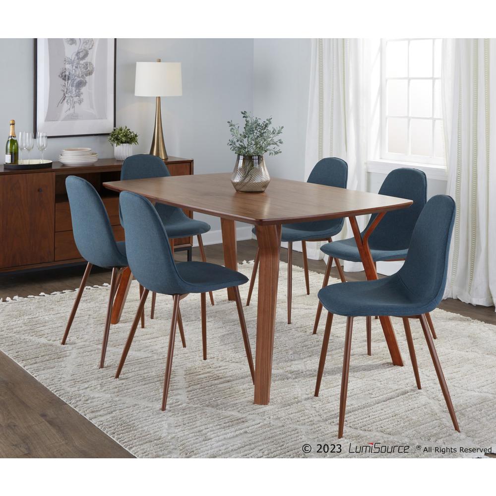 Walnut Wood, Walnut Metal, Blue Fabric Folia Pebble Dining Set - 7 Piece. Picture 3