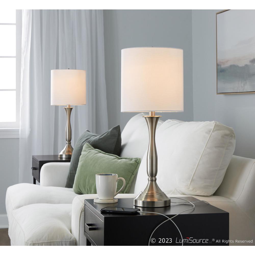Brushed Nickel, White Linen Sawyer 25" Metal Table Lamp With USB - Set of 2. Picture 9
