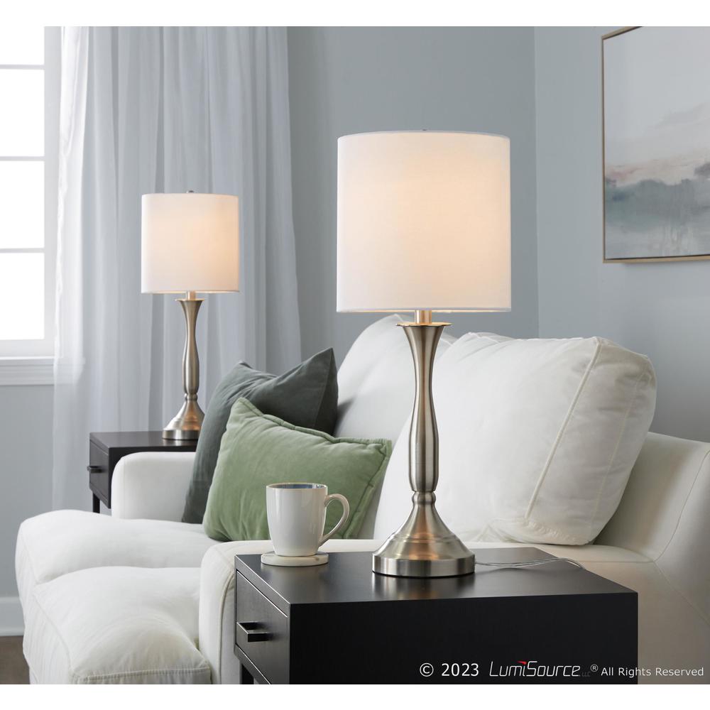 Brushed Nickel, White Linen Sawyer 25" Metal Table Lamp With USB - Set of 2. Picture 10