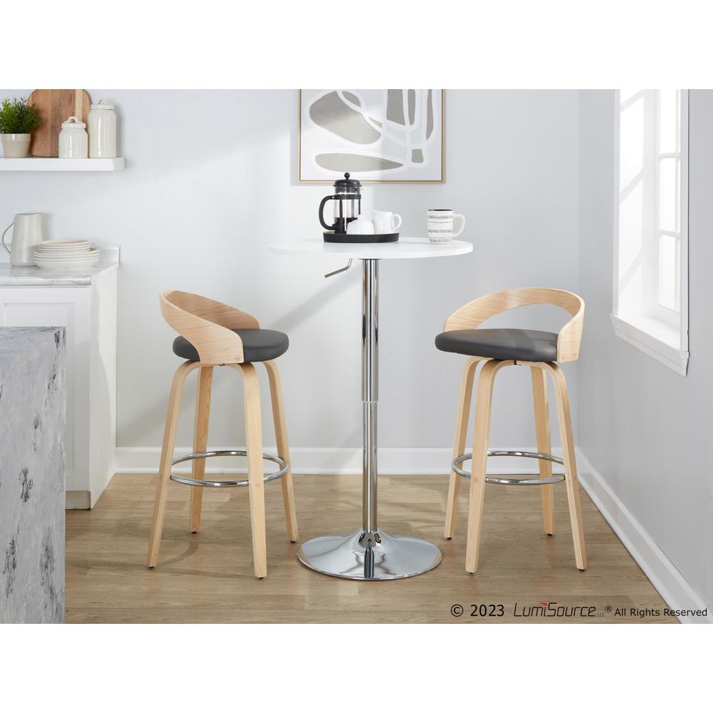Natural Wood, Grey PU, Chrome Metal Grotto 30" Fixed-Height Barstool - Set of 2. Picture 7
