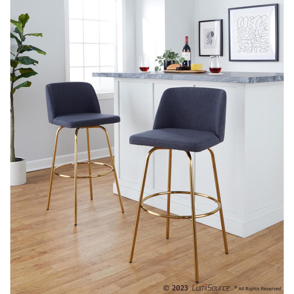 Blue Fabric, Gold Metal Toriano 30" Fixed-Height Barstool - Set of 2. Picture 7