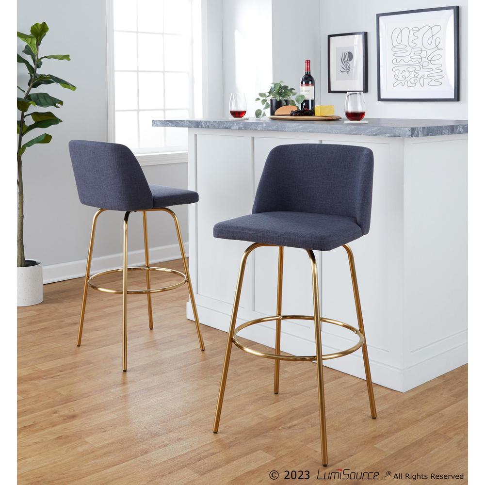 Blue Fabric, Gold Metal Toriano 30" Fixed-Height Barstool - Set of 2. Picture 8