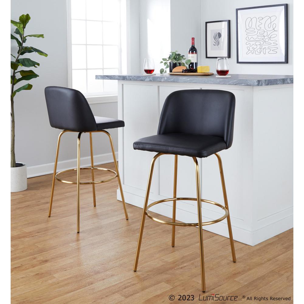 Black PU, Gold Metal Toriano 30" Fixed-Height Barstool - Set of 2. Picture 7