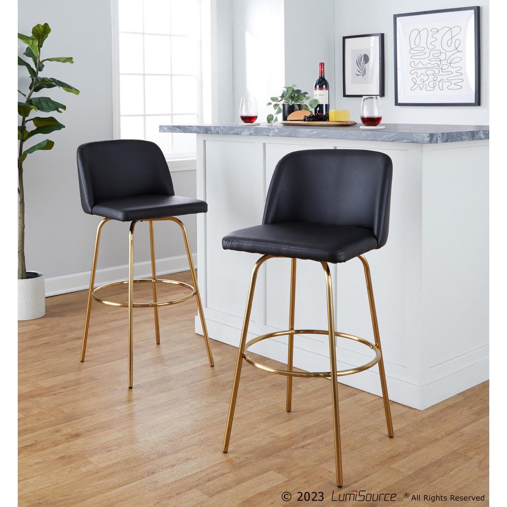 Black PU, Gold Metal Toriano 30" Fixed-Height Barstool - Set of 2. Picture 8