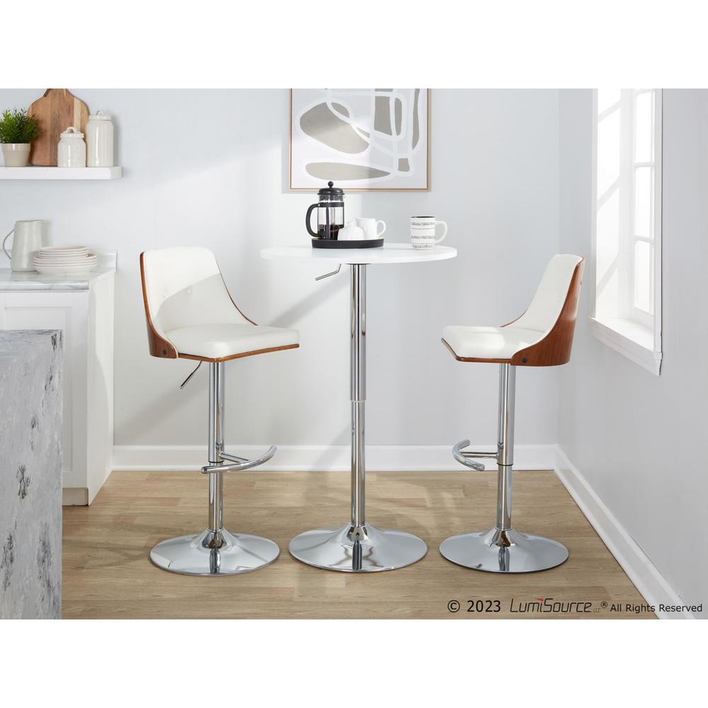 Chrome Metal, Walnut Wood, White PU Gianna Adjustable Barstool - Set of 2. Picture 9