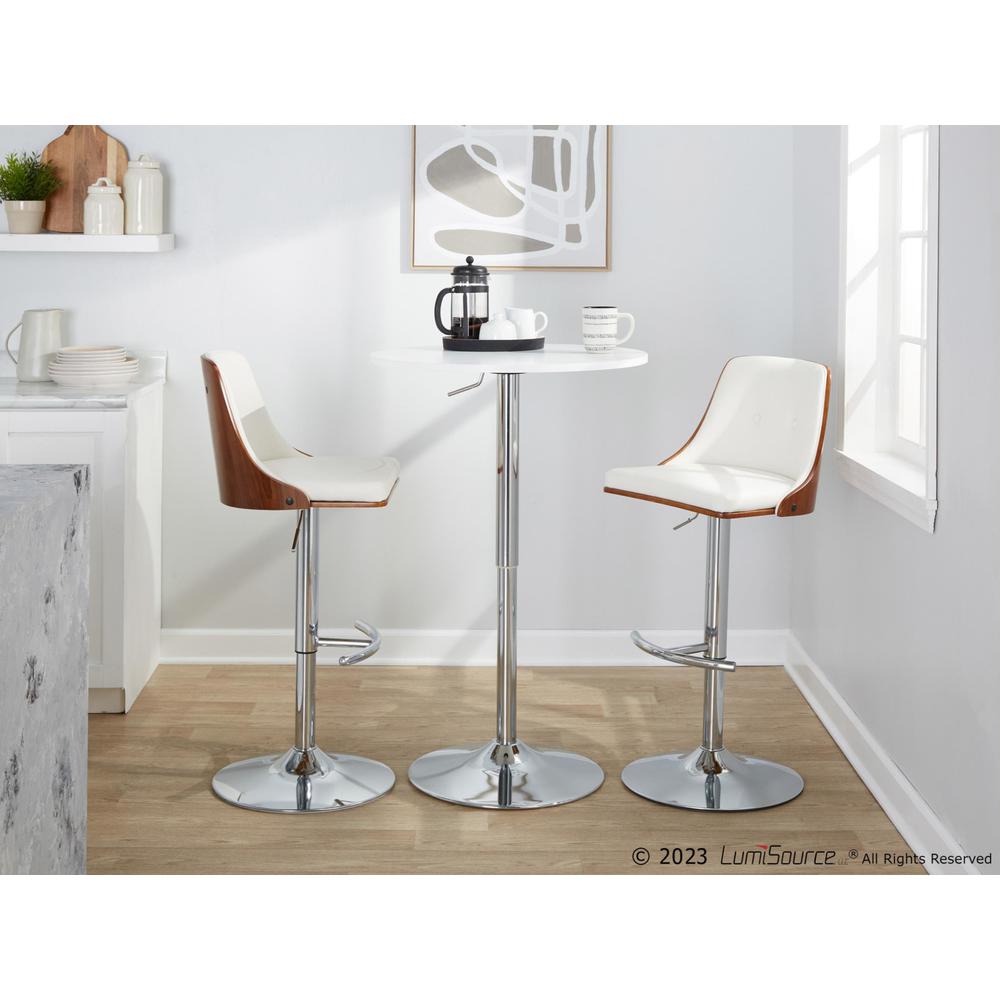 Chrome Metal, Walnut Wood, White PU Gianna Adjustable Barstool - Set of 2. Picture 10