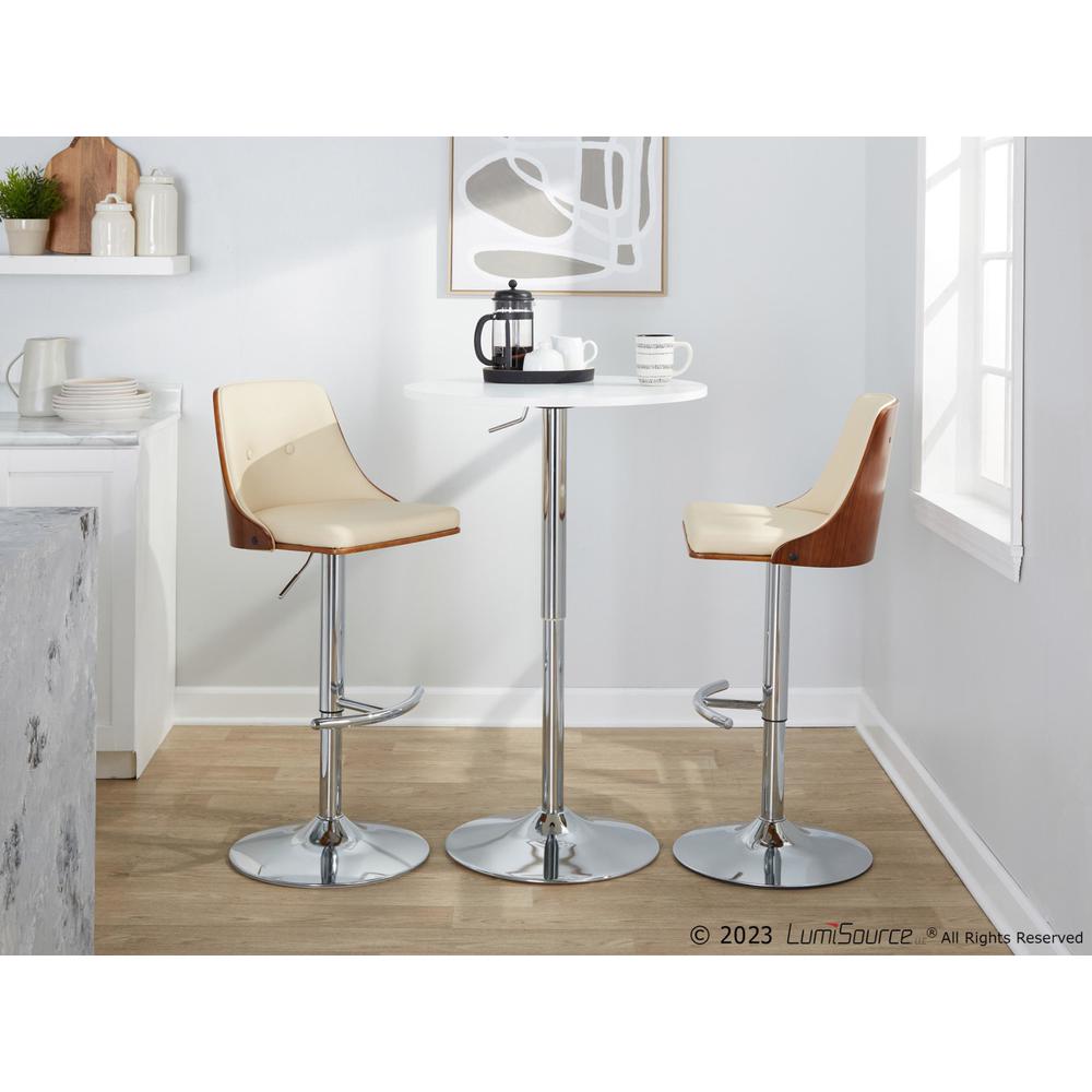 Chrome Metal, Walnut Wood, Cream PU Gianna Adjustable Barstool - Set of 2. Picture 9