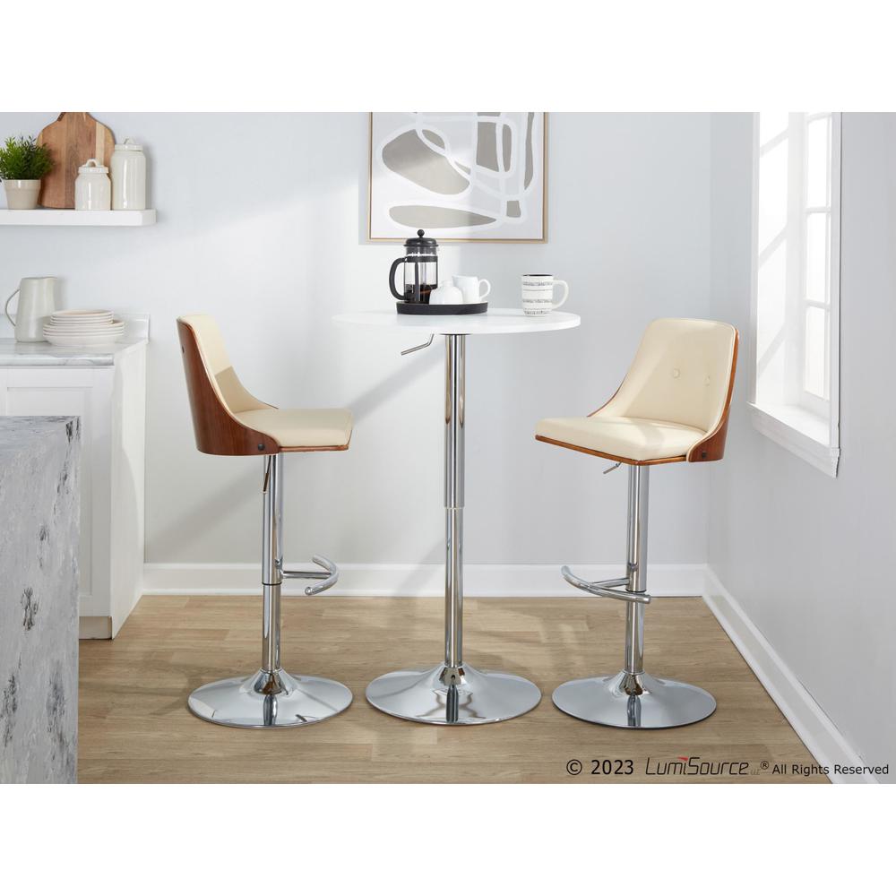 Chrome Metal, Walnut Wood, Cream PU Gianna Adjustable Barstool - Set of 2. Picture 10