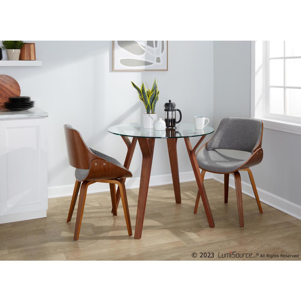 Walnut Wood, Clear Glass, Grey Fabric Folia Round Fabrizzi Dining Set - 3 Piece. Picture 3