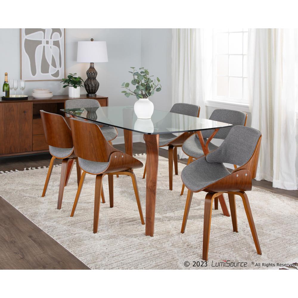 Walnut Wood, Clear Glass, Grey Fabric Folia Fabrizzi Dining Set - 7 Piece. Picture 3