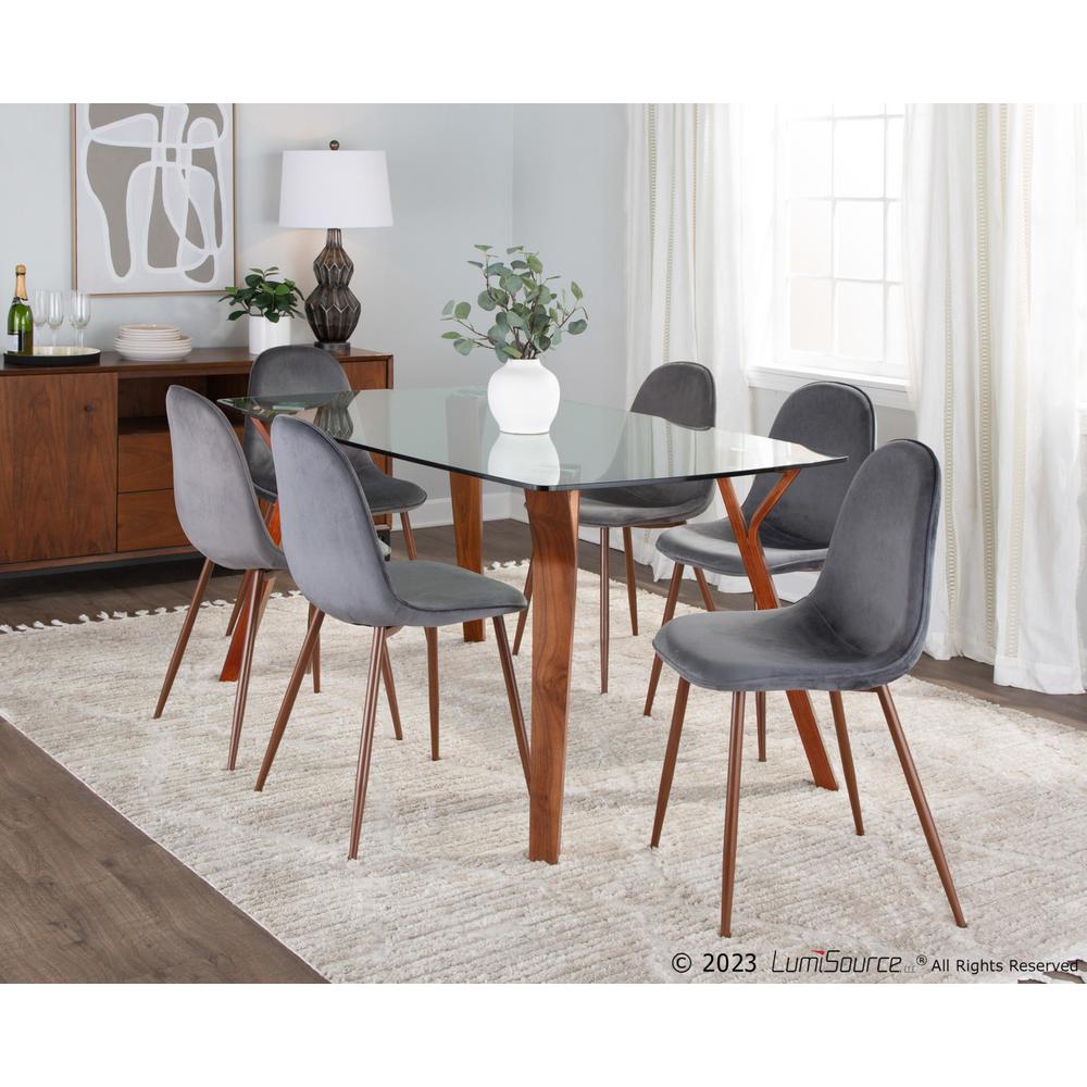 Walnut Wood, Walnut Metal, Grey Velvet Folia Pebble Dining Set - 7 Piece. Picture 3