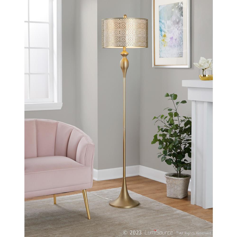 Gold Metal, Off-White Linen Ashland 63" Metal Floor Lamp. Picture 5
