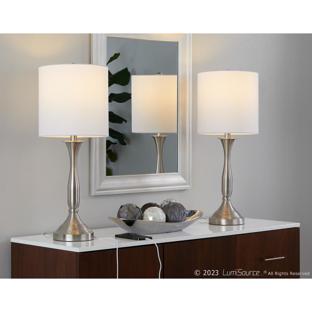 Brushed Nickel, White Linen Sawyer 25" Metal Table Lamp With USB - Set of 2. Picture 7