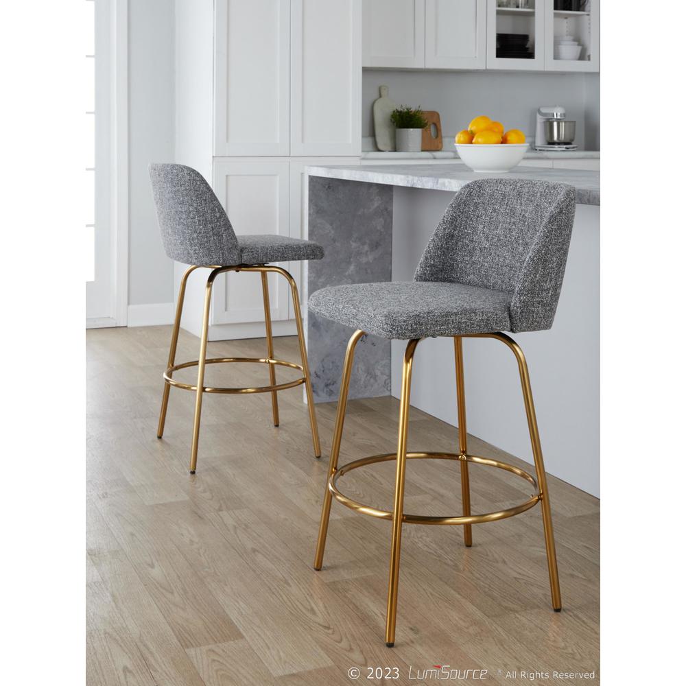 Grey Noise Fabric, Gold Metal Toriano 26" Fixed-Height Counter Stool - Set of 2. Picture 7