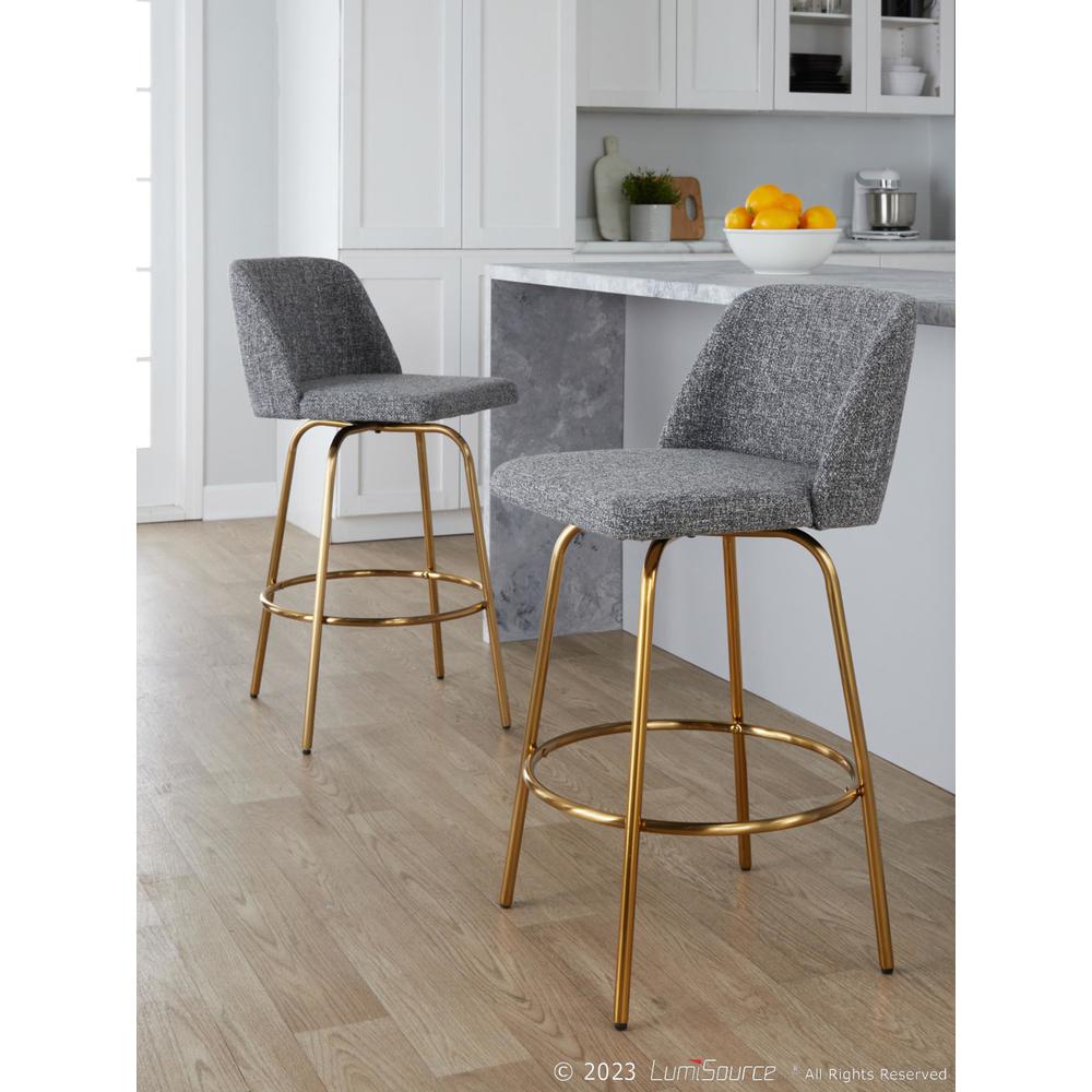 Grey Noise Fabric, Gold Metal Toriano 26" Fixed-Height Counter Stool - Set of 2. Picture 8
