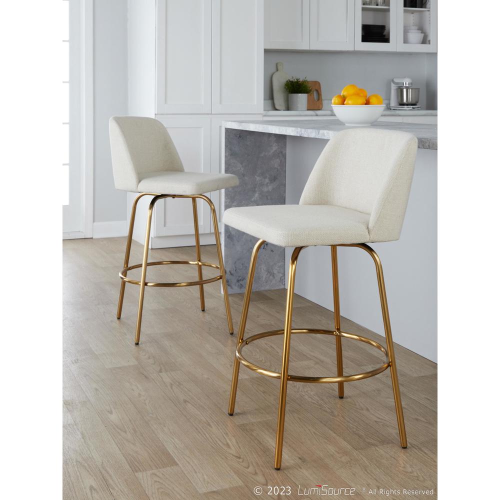 Cream Noise Fabric, Gold Metal Toriano 26" Fixed-Height Counter Stool - Set of 2. Picture 8