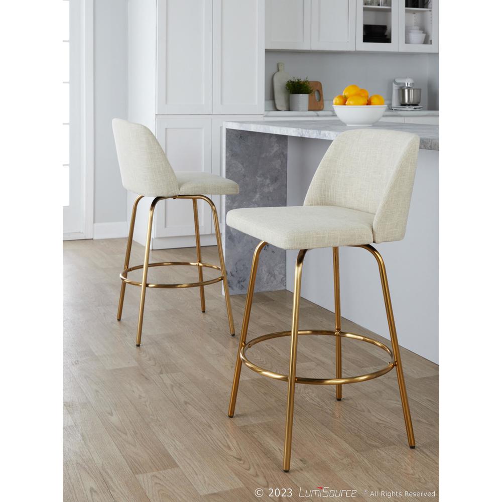 Cream Fabric, Gold Metal Toriano 26" Fixed-Height Counter Stool - Set of 2. Picture 7